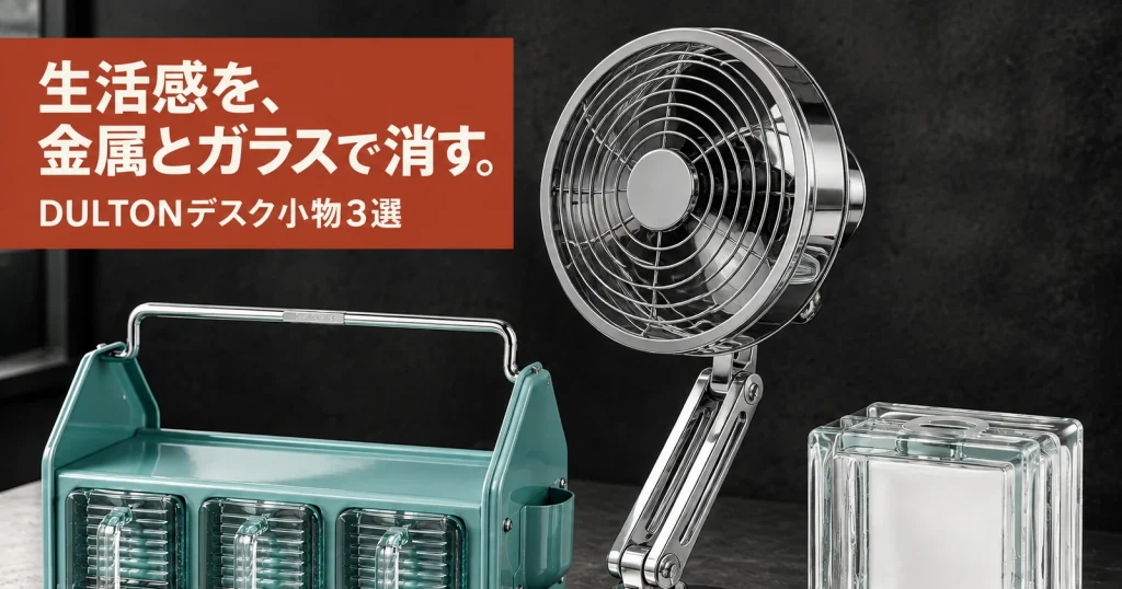 チャコールの工業製品カタログ風背景に、DULTONのテーブルオーガナイザー、クロームデスクファン、ガラスブロック貯金箱を配置した記事サムネイル