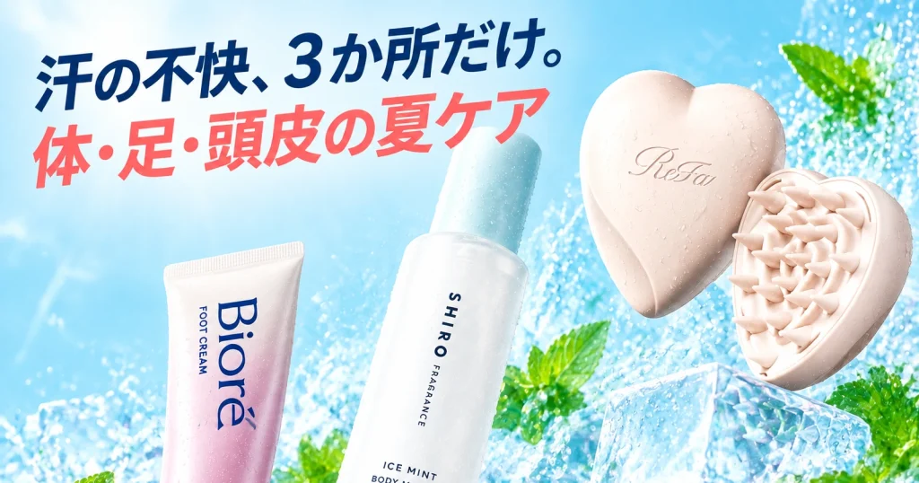 ミント色と氷、水滴の涼しい広告ビジュアル。中央にSHIROのエクストラクールボディミスト、左下にビオレZのフットクリーム、右にReFaのハート型頭皮ブラシを配置した夏ケア記事サムネイル