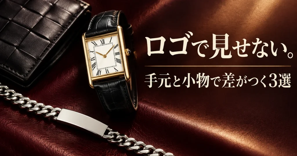 黒い布と石の上にTOMWOODの銀色ブレスレット、白文字盤のSEIKO角型時計、黒いイントレチャートの三つ折り財布を並べた小物3選の記事画像