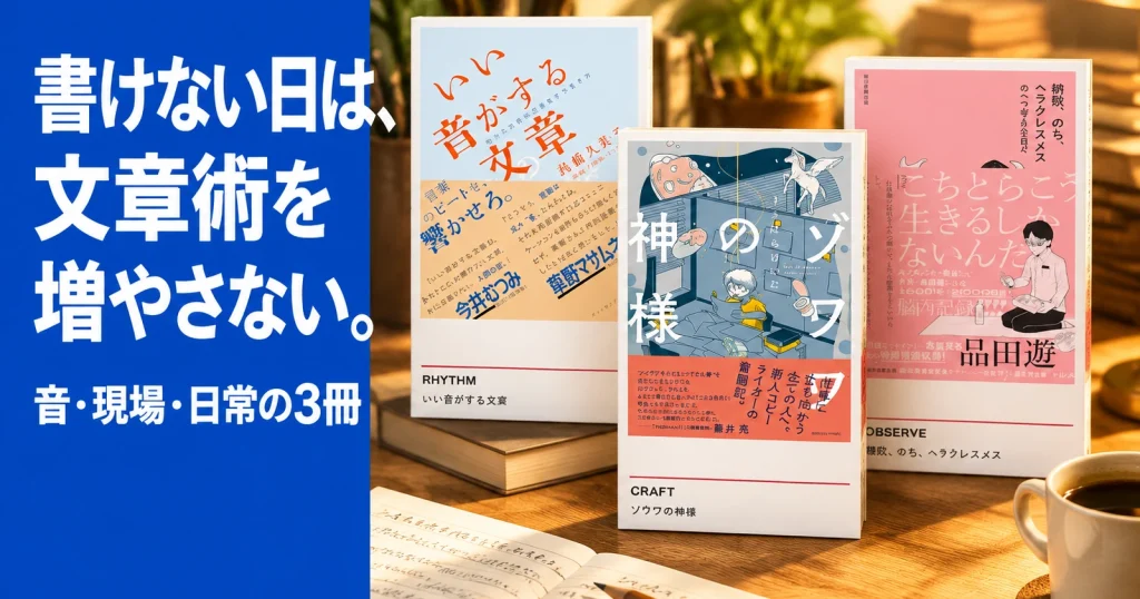 赤ペンと原稿用紙の上に文章・コピー・日記エッセイの本3冊を並べた、書く感覚を別の角度から見つめる記事のサムネイル