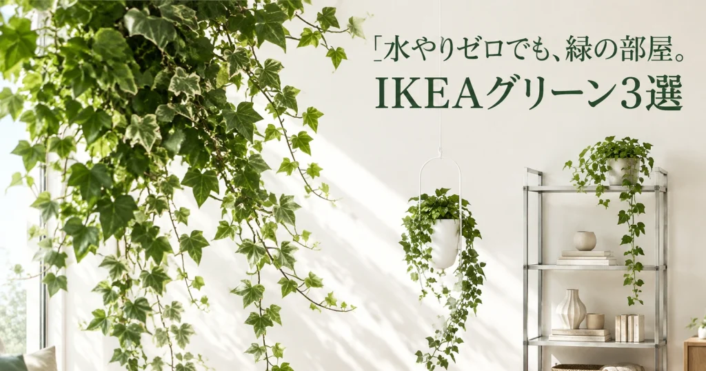 IKEA FEJKA、CHILISTRAN、HYLLISで床・壁面・棚に緑を配置した白壁のグリーンインテリア