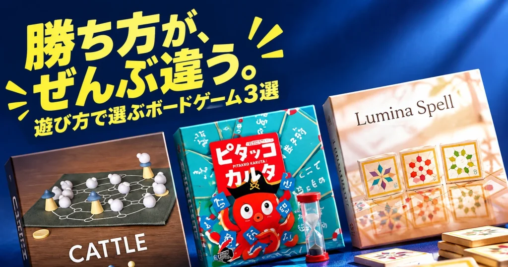 遊び方の異なる3つのボードゲーム、CATTLE、ピタッコカルタ、Lumina Spellを並べた紹介画像